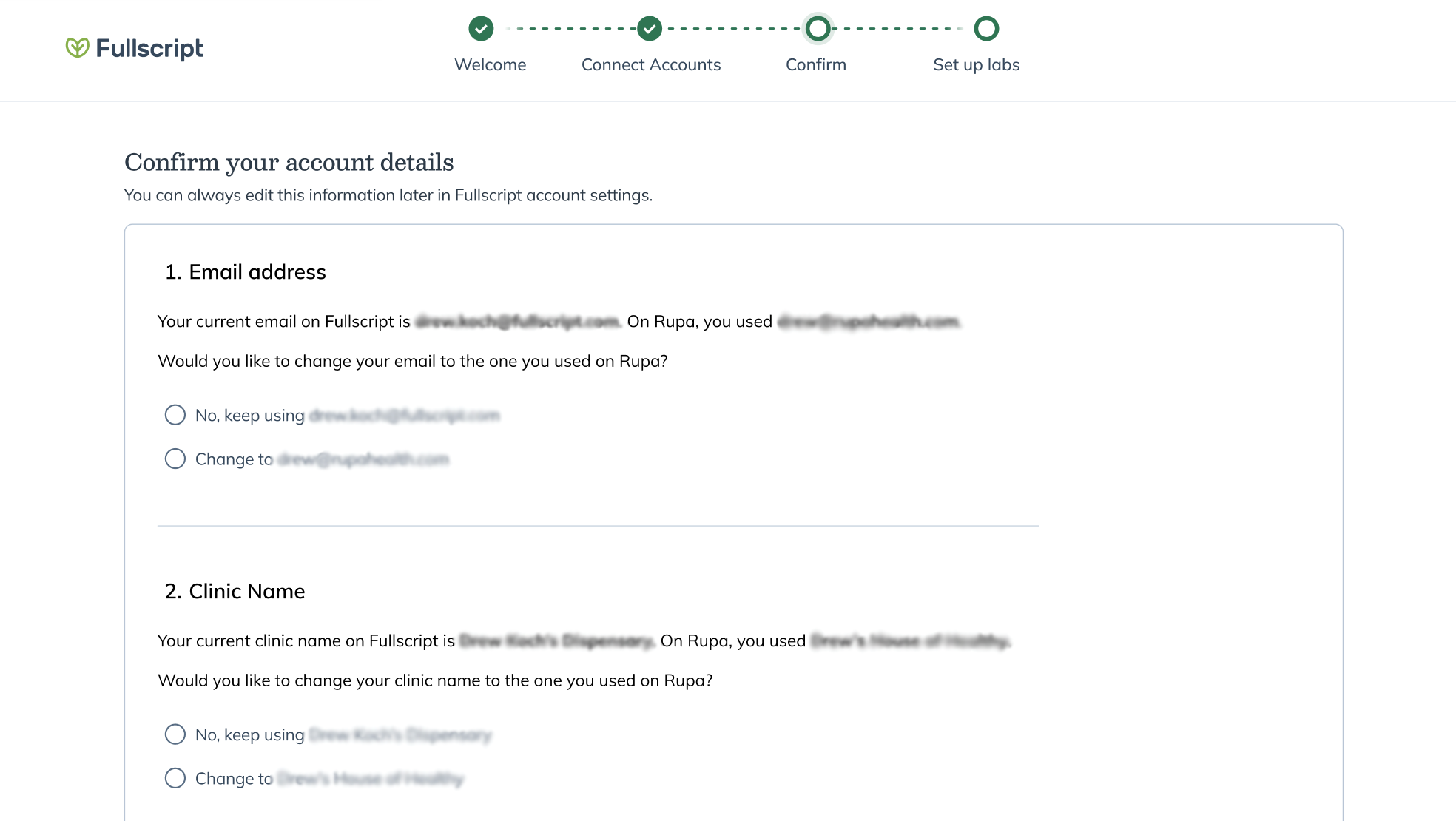 Fullscript account setup screen asking the provider to confirm which account details to keep.